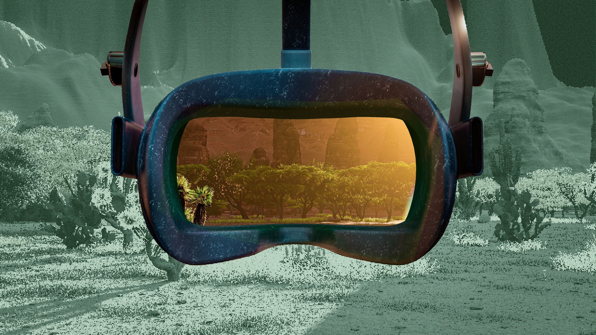 VR headset with realistic view of an extreme climate in desert